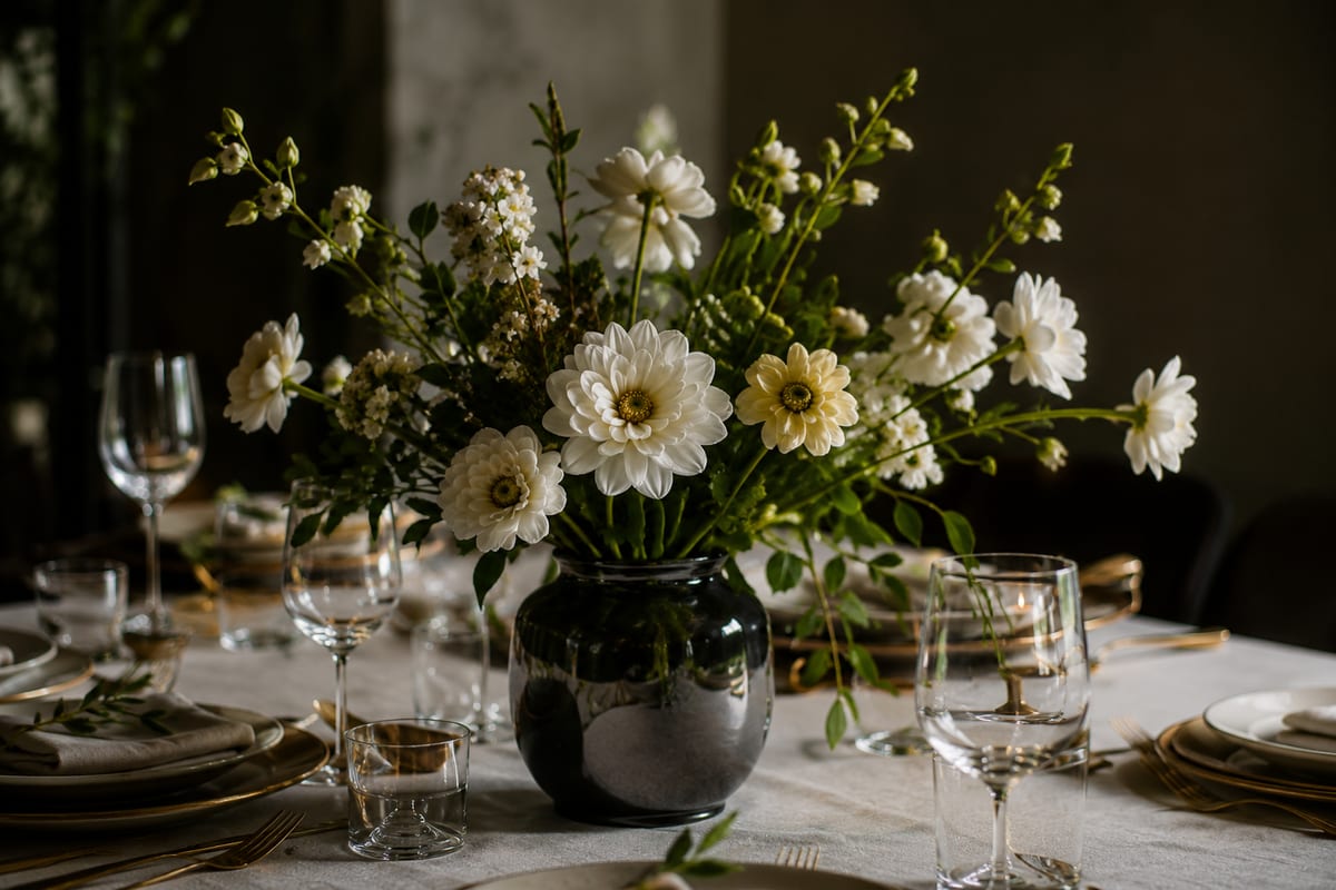 A softly lit dinner table styled with a white floral centerpiece, glassware and gold cutlery