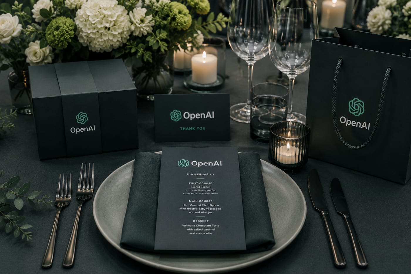 Custom branded corporate table styling with tailored menus and packaging