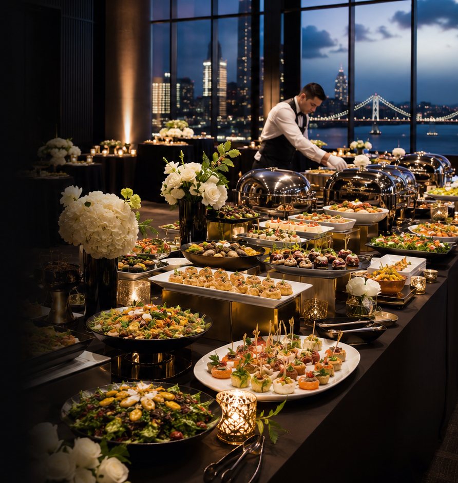 Catered buffet of canapés, salads and chafing dishes with white florals, served by a waiter above the San Francisco skyline at dusk