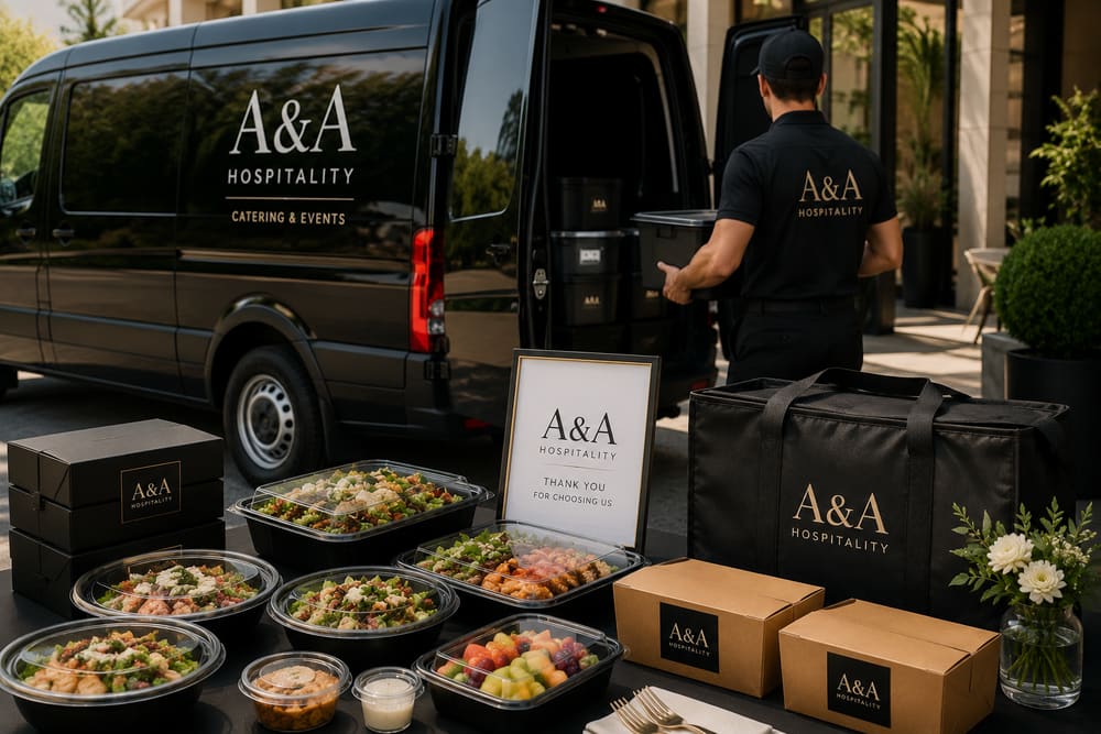 Breakfast catering with pastries, fruit and coffee