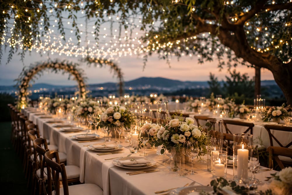 Wedding reception table with plated dinners and florals